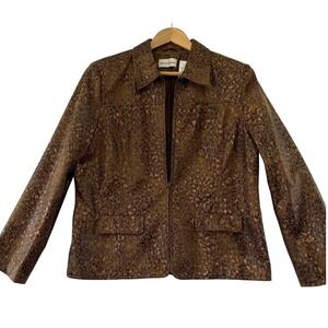 Alfred Dunner Animal Print‎ Blazer Women Jacket Pockets Full Zip Brown Size 16